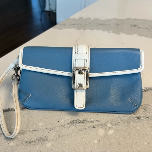 Coach Handbags - Coach Blue and White Leather Wristlet Mini Bag